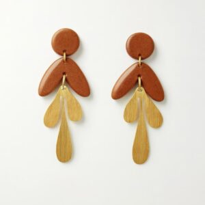Aros colgantes Marrón brillante y hoja dorada